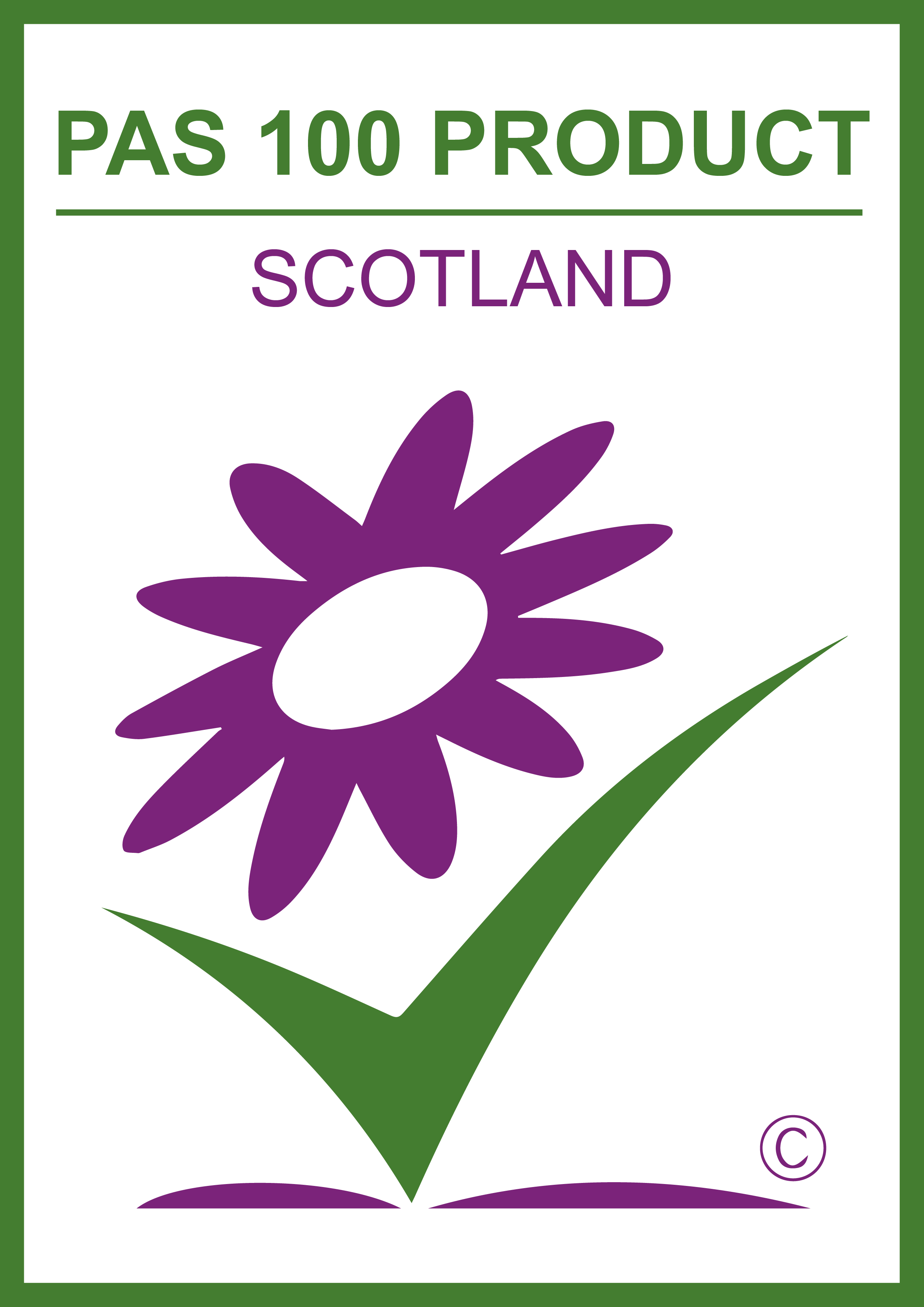 PAS 100 certification logo comprising a purple flower with a green tick